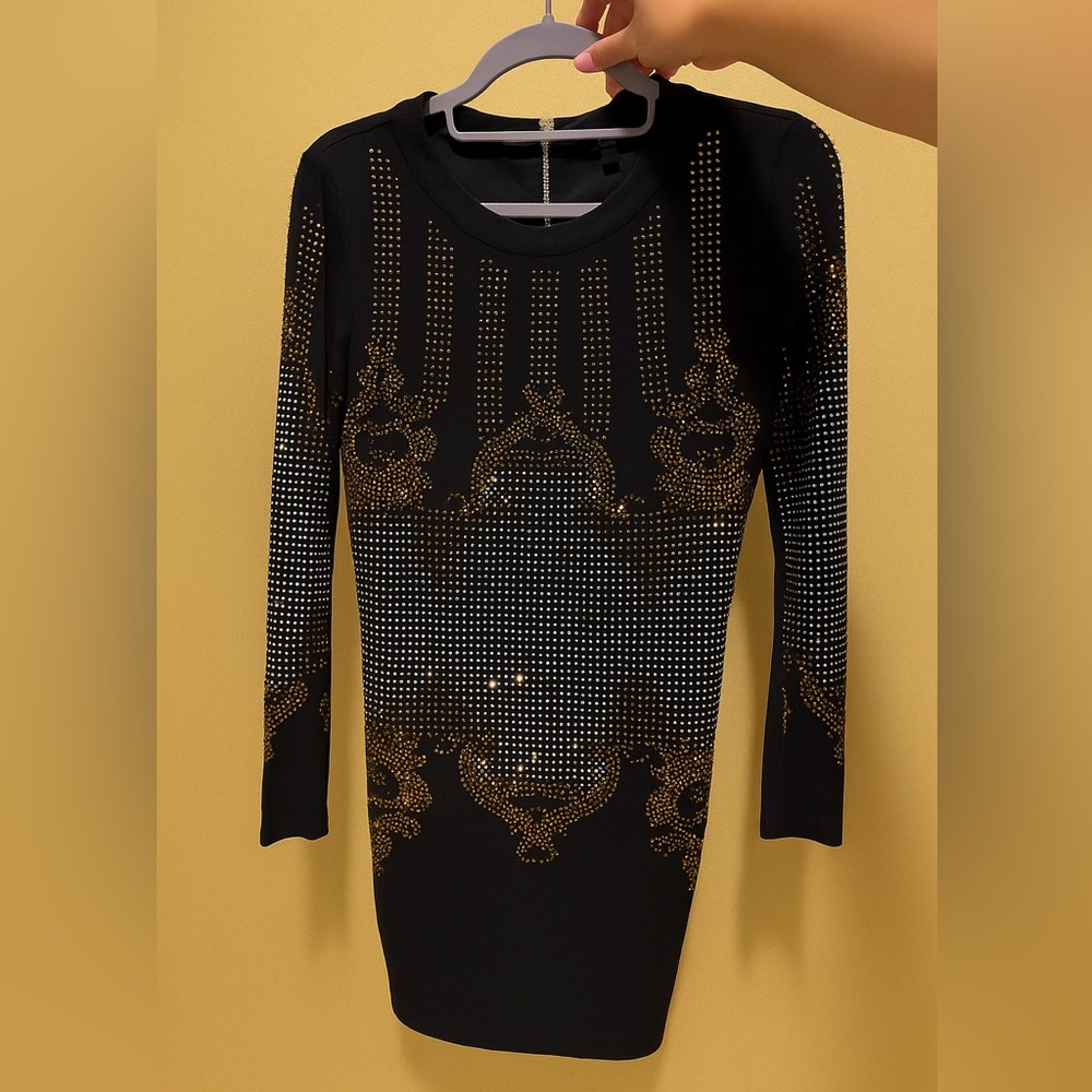 Elegant Black and Gold Crystal Embellished Dress